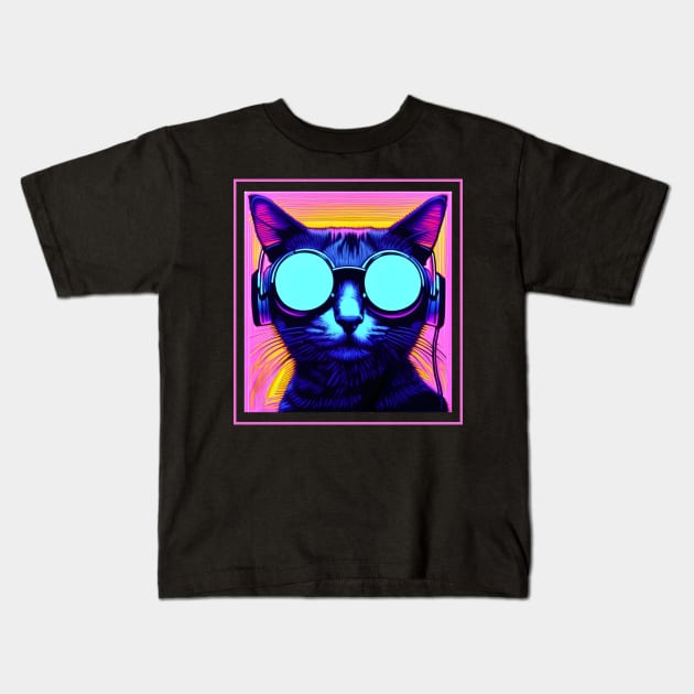 Cool Pop Art Cat with Sunglasses and Headphones Kids T-Shirt by Daz Art & Designs